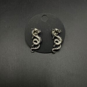 Vintage Dragon Stud Earrings Silver Tone